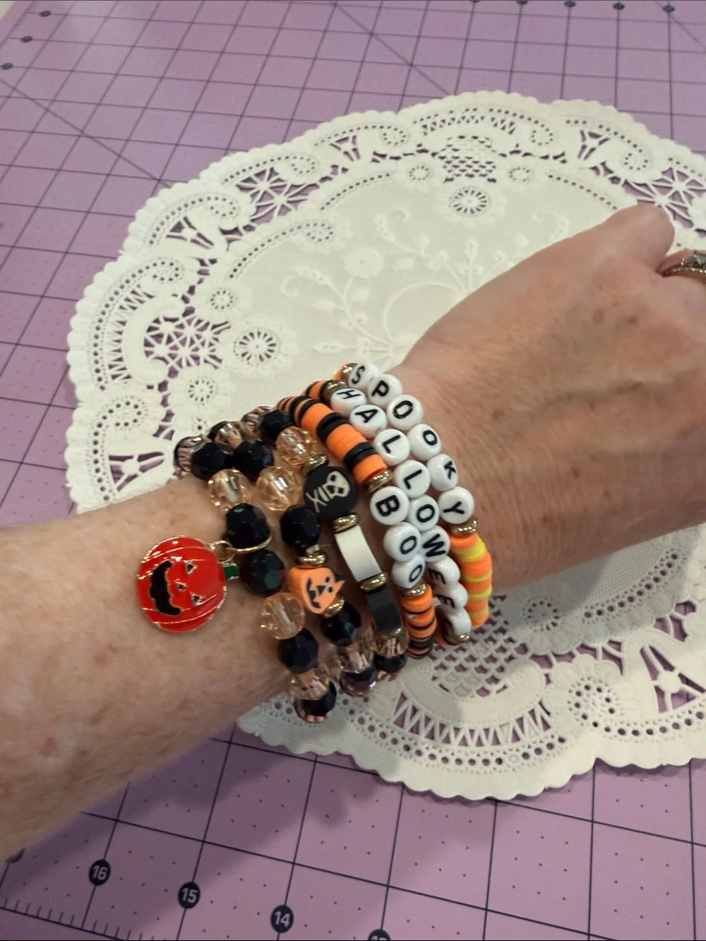 Stretchy set of 6 Halloween Beaded Bracelet Stack - Orange, Black, White